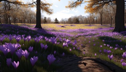 A colorful carpet of crocuses on a spring meadow surrounded by trees. Generative AI