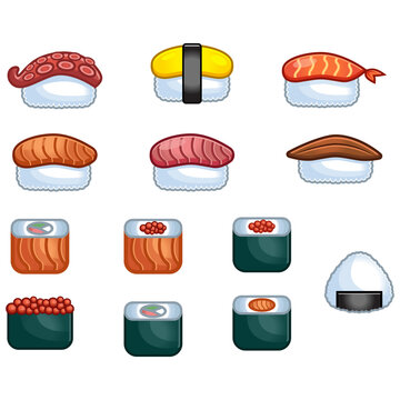 Set of different sushi sashimi. Different style of sushi japanese food. Icon set illustration. Flat design cartoon vector illustration collection. Isolated on white background