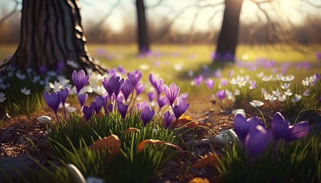 A breathtaking view of a flower meadow filled with vibrant crocuses. Generative AI