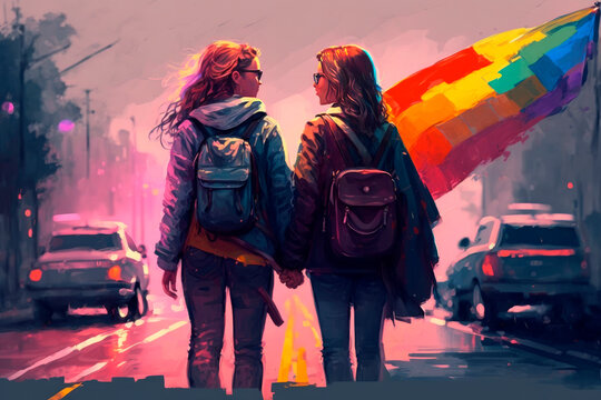 a couple of girls in love on gay pride day, Generative AI