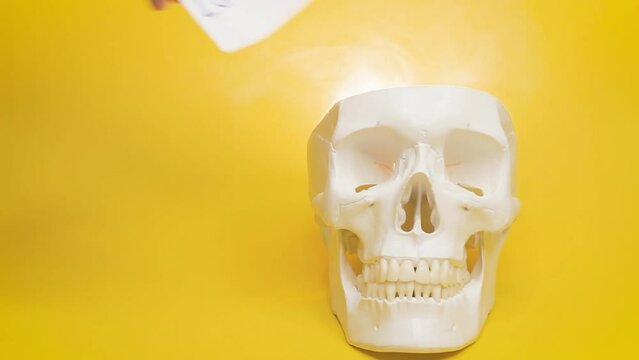 human skull with idea sticker,skeleton head, paper sticker with an inscription,cheerful,light,put an idea into head, stands on the surface yellow background.concept social programming.
