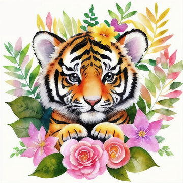 a watercolor painting of cute little tiger surrounded by flowers and leaves, ai generated