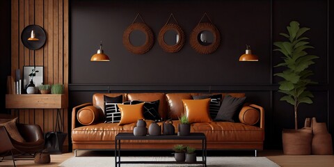 black living room interior with leather sofa, minimalist industrial style. generative ai.