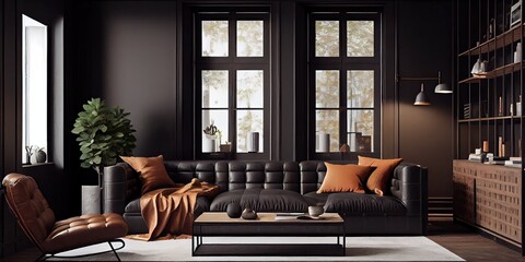 black living room interior with leather sofa, minimalist industrial style. generative ai.