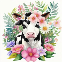 a watercolor painting of cute little cow surrounded by flowers and leaves, ai generated