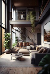 Home style interior with contemporary living room, natural light, neutral color scheme with earth tones, contemporary furniture and greenery for a natural element.
