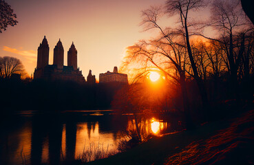 Fototapeta na wymiar Central park in New York City. River in Central Park, Manhattan, New York. Parks in NYC. River in town on sunset. View on buildings and skyscrapers from central park NYC. Ai Generative illustration.