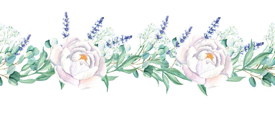 Fototapeta na wymiar Horizontal watercolor floral seamless border pattern. Pink and white peonies, eucalyptus, lavender, gypsophila. Hand drawn botanical illustration. Can be used for fabric, packaging prints, frames