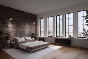 Fototapeta na wymiar Interior of Minimal Staged Industrial Modern Bedroom with Brick Accent Wall Made with Generative AI