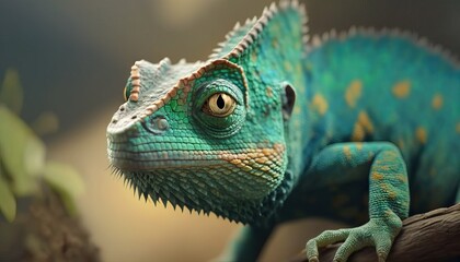 Green colored chameleon close up. Generative AI