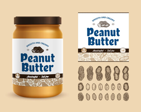 Vector peanut butter label. Realistic glass jar mockup. Hand-drawn peanut seeds and shells illustrations