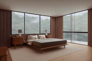 Warm Luxury Modern Primary Bedroom Interior with Waterfall Forest Views and a Sustainable Bed Made with Generative AI