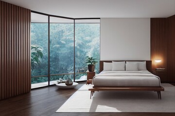 Spring Luxury Modern Primary Bedroom Interior with Jungle Forest Views and Staged Decor Made with Generative AI