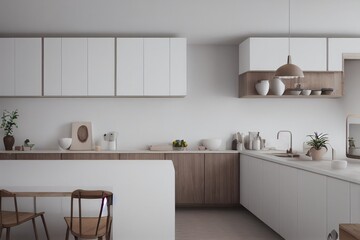 White Sustainable Clean Spring Kitchen with Beige Home Decor Made with Generative AI