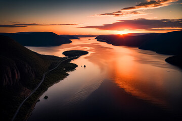 Hudson River on sunset, aerial view. Hudson river in mountains at Hudson Highlands State Park. Lake in mountainside. Nature landscape. River in mountains and rocks. Ai Generative illustration. - obrazy, fototapety, plakaty
