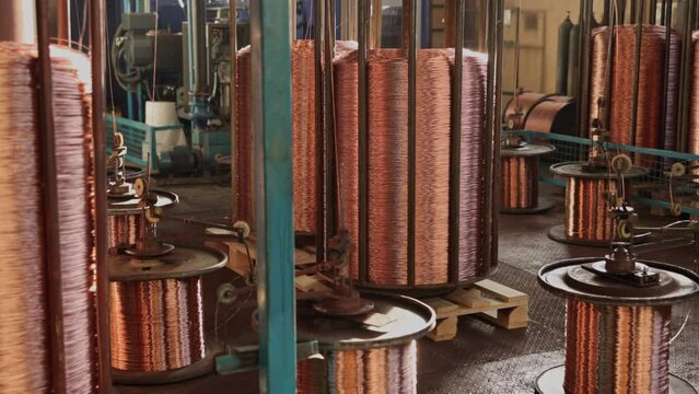 wire alloying, Copper annealing, energy industry. Copper wire and cable production in coils in an industrial plant where copper is produced, mittal steel's industrial plant for cable production