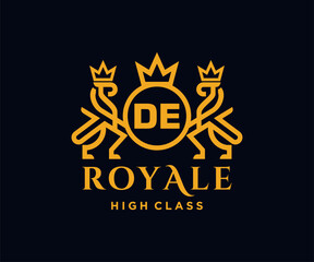 Golden Letter DE template logo Luxury gold letter with crown. Monogram alphabet . Beautiful royal initials letter.