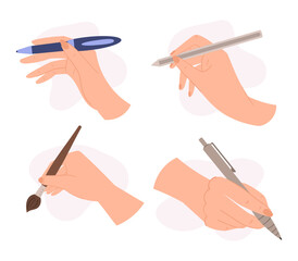 Human Hand Holding Pencil, Pen, Stylus And Paintbrush. Concept Of Back To School, Creativity, Art Classes