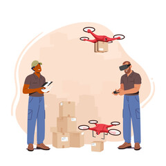 Warehouse Workers Use Modern Delivery System That Employs Unmanned Aerial Vehicles To Transport Package To Customer