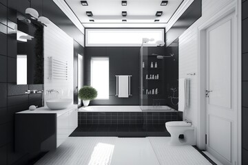 illustration, black and white bathroom with bathtub and shower, ai generative