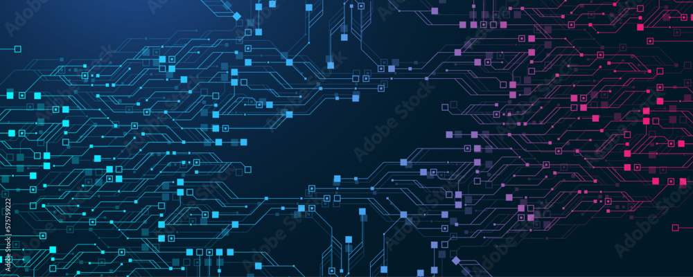 Fototapete Quantum computer technologies concept. Futuristic blue circuit board background vector. Modern technology circuit board texture background design. Waves flow. Quantum explosion technology.