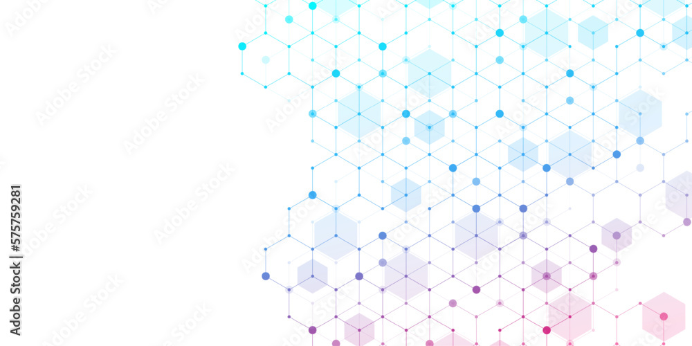 Poster Technology abstract lines and dots connect background with hexagons. Hexagons connection digital data and big data concept. Hex digital data visualization. Vector illustration