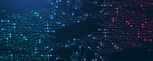 Quantum computer technologies concept. Futuristic blue circuit board background vector. Modern technology circuit board texture background design. Waves flow. Quantum explosion technology.