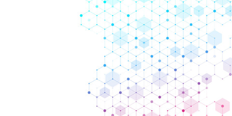Obraz premium Technology abstract lines and dots connect background with hexagons. Hexagons connection digital data and big data concept. Hex digital data visualization. Vector illustration