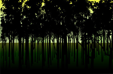 A green, dark forest on full screen. Vector grouped background, for the design of web pages