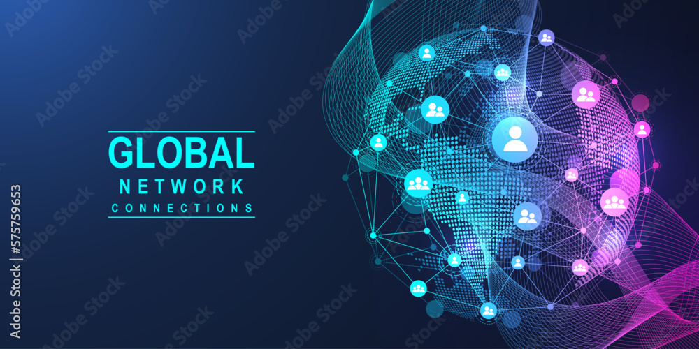 Fototapete Global network connection concept. Big data visualization. Social network communication in the global computer networks. Internet technology. Business. Science. Vector illustration