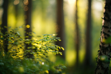 Fototapeta premium Background with forest plants and moss. Green floral background. Generative AI.
