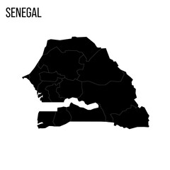 Senegal political map of administrative divisions - regions. Blank black map and country name title.