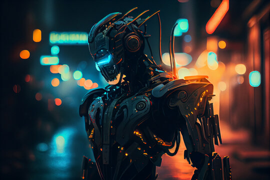 Cyberpunk robot walking down the street evening neon lights. Digital humanoid patrol