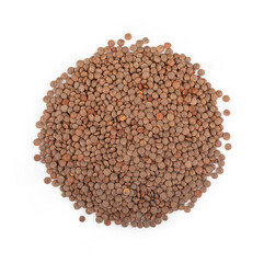 Heap seed of lentils isolated on a white background top view.