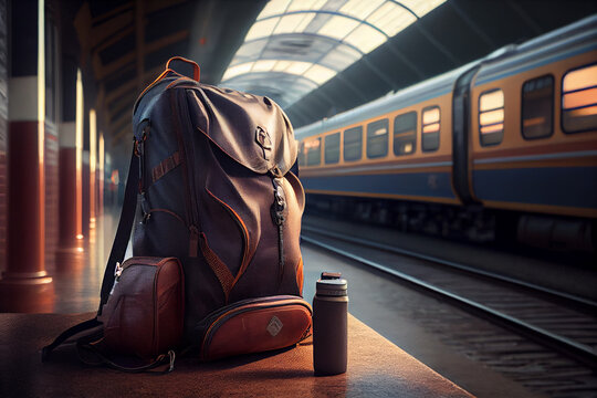 Traveller bag and luggage at train station. Luggage at the train station with a traveler.sun set, Travel concept.