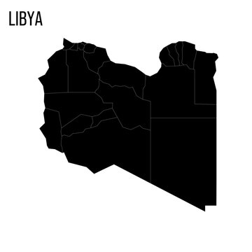 Libya political map of administrative divisions - districts. Blank black map and country name title.