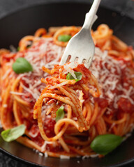 Italian marinara sauce spaghetti pasta served with fresh basil, olives and pecorino cheese