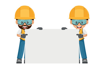 Industrial workers in their personal protective equipment holding a banner with copy space for text for advertising, presentation, brochures. Industrial safety and occupational health at work