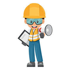 Annoyed industrial worker making an announcement with a megaphone with notepad. Construction supervising engineer with personal protective equipment. Industrial safety and occupational health at work