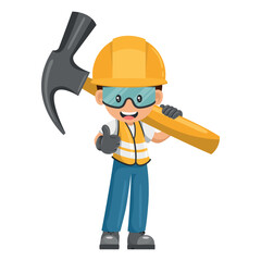 Industrial worker carrying a giant hammer. Supervisor with personal protective equipment. Industrial safety and occupational health at work