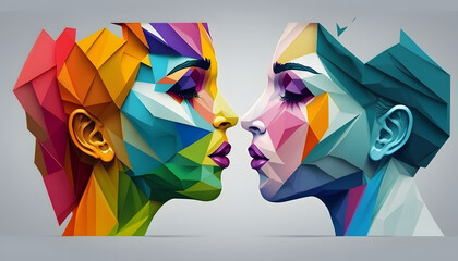 3D sapphic love, two sculptures of people, embracing each other with LGBT colors