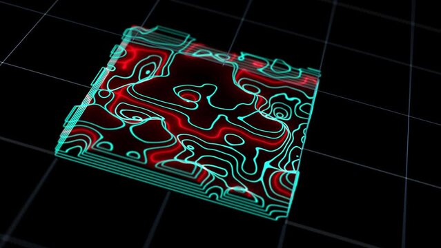 Topographic seismic map scannig radar 4k footage. Earthquake activity analyzing digital display red danger areas. Global disaster prevention