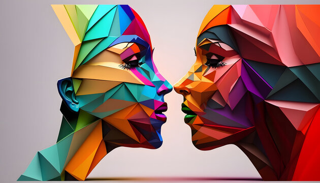 3D sapphic love, two sculptures of people, embracing each other with LGBT colors