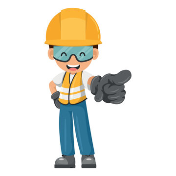 Industrial worker with his personal protective equipment pointing his finger. Indicating with the index finger. Industrial safety and occupational health at work