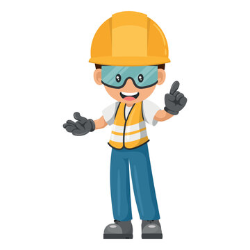 Industrial worker with his personal protective equipment pointing his finger. Expressing an idea and indicating with the index finger. Industrial safety and occupational health at work