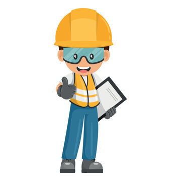 Industrial worker with notepad for project evaluation with thumb up. Construction supervisor engineer with personal protective equipment. Industrial safety and occupational health at work