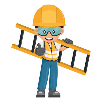 Industrial worker carrying a ladder with thumb up. Supervisor with personal protective equipment. Industrial safety and occupational health at work