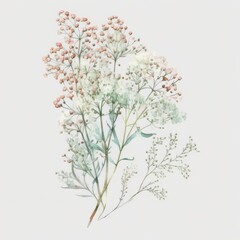 About Watercolor  Gypsophila Babys Breath Flower Floral Clipart, Isolated on White Background.
