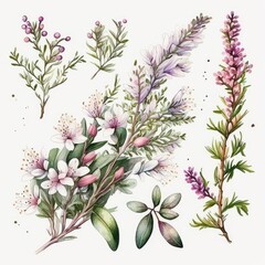 About Watercolor Heather Flower Floral Clipart, Isolated on White Background.