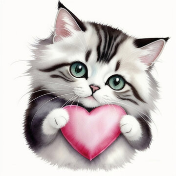 a picture of a cat holding a heart, valentine or love card concept, ai generated